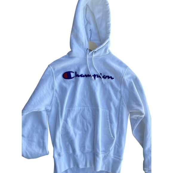 Champion‎ Reverse Weave Men Chenille Patch Applique White Hoodie Sz S - Picture 1 of 5